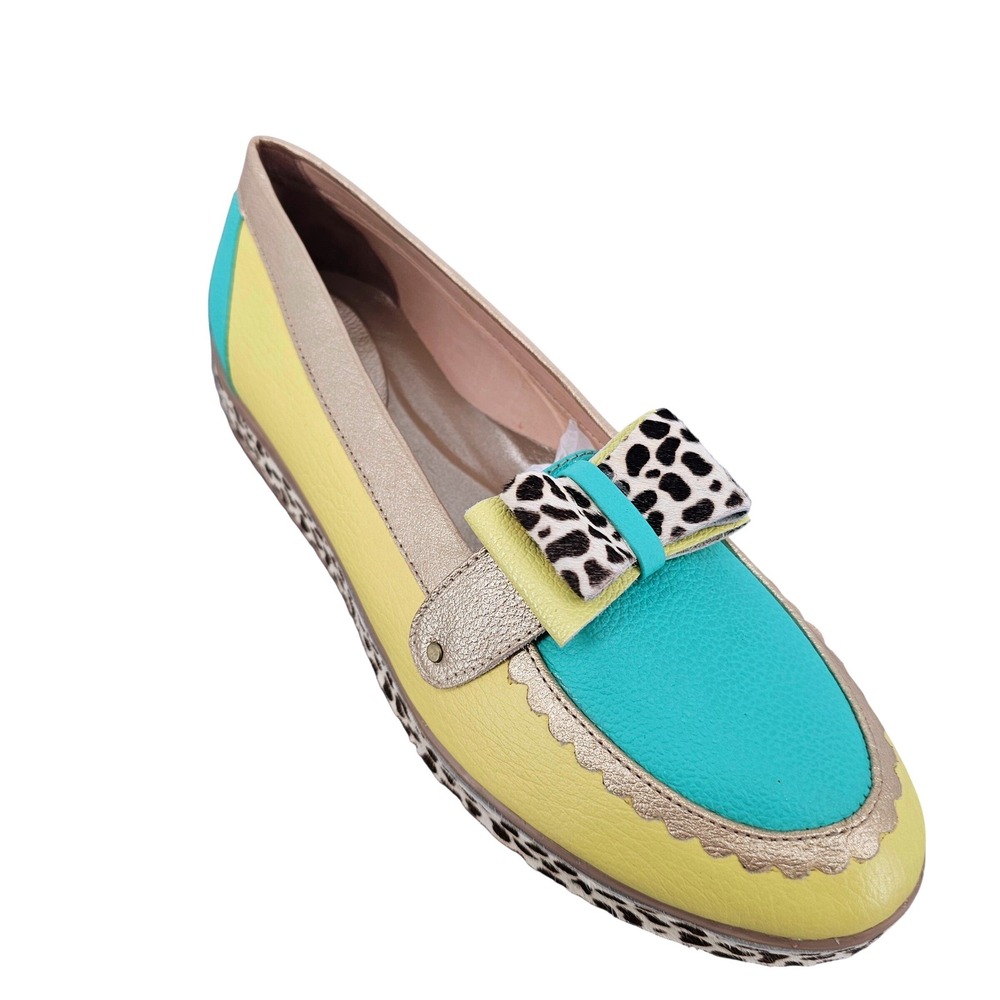 Culeka by Mile Jaramillo Safari Loafers Yellow Turquoise Leopard Bow Shoes 9.5